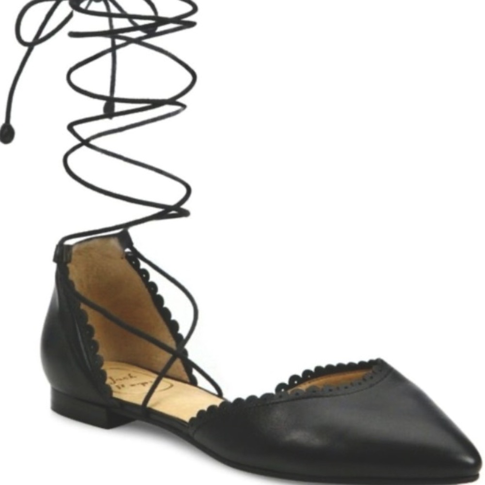 Jack Rogers Camille Black Leather Scalloped Lace Up Ankle Tie d’Orsay Flats 6.5